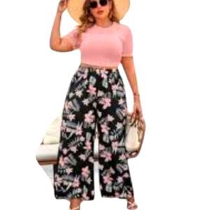 Wide leg tropical print elastic waist pants with pockets Sz 2X